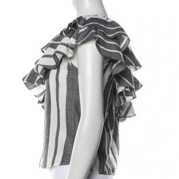 MISA LOS ANGELES TOP GRAY WHITE KLEA STRIPES RUFFLES ONE SHOULDER CHIC Sz S - Picture 7 of 10